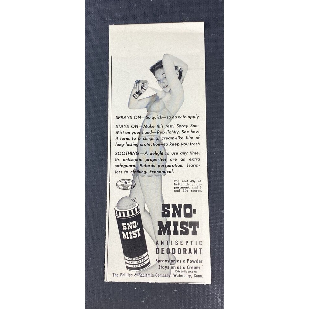 Sno-Mist Antiseptic Deodorant "Sprays on Stays on Soothing" Vtg Print Ad 1941